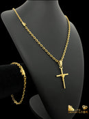 KIT CADEADO 4MM CORDAO PULSEIRA E PINGENTE CRUZ FIO - BANHADO A OURO 18K
