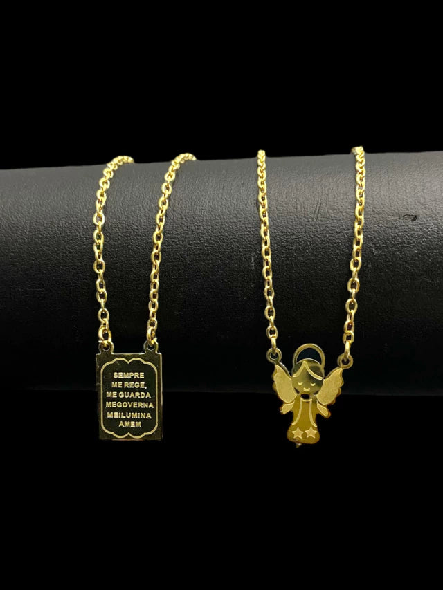 ESCAPULÁRIO CADEADO 1MM SANTO ANJO E ORAÇÃO 70CM - BANHADO A OURO 18K