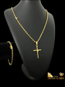 KIT CADEADO 4MM CORDAO PULSEIRA E PINGENTE CRUZ FIO - BANHADO A OURO 18K