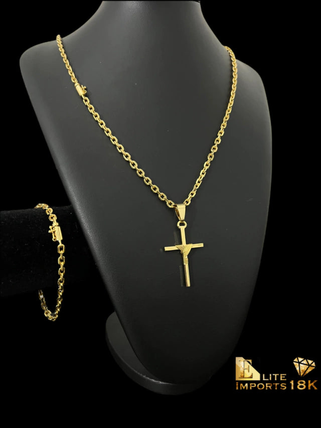KIT CADEADO 4MM CORDAO PULSEIRA E PINGENTE CRUZ FIO - BANHADO A OURO 18K