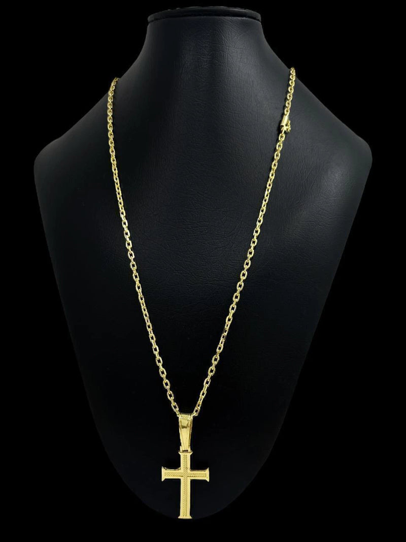 CORDÃO CADEADO 3MM + PINGENTE CRUZ - BANHADO A OURO 18K