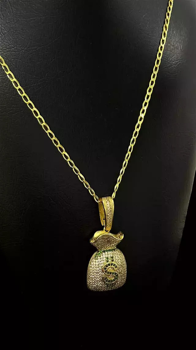 CORDÃO PITBULL ALONGADO 3mm + PINGENTE SACO DE DINHEIRO BANHADO A OURO 18K
