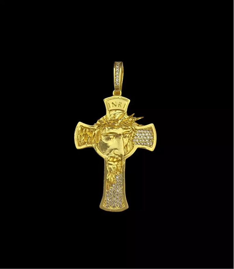 PINGENTE CRUZ FACE JESUS CRAVEJADO (G) - BANHADO A OURO 18K