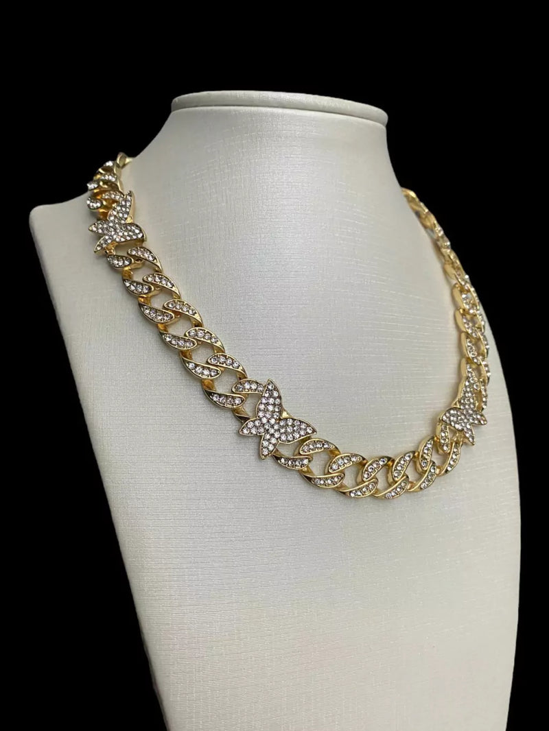 CORDÃO 10MM CRAVEJADO BORBOLETA FEMININO - BANHADO A OURO 18K 757