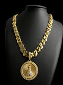 CORDÃO FRISO S VAZADO 13MM + PINGENTE NOSSA SENHORA - BANHADO A OURO 18k