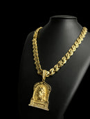 CORDÃO FRISO S VAZADO 13MM + PINGENTE JESUS CRISTO - BANHADO A OURO 18k -