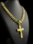 CORDÃO FRISO S VAZADO 13MM + PINGENTE CRUZ JESUS CRISTO - BANHADO A OURO 18k