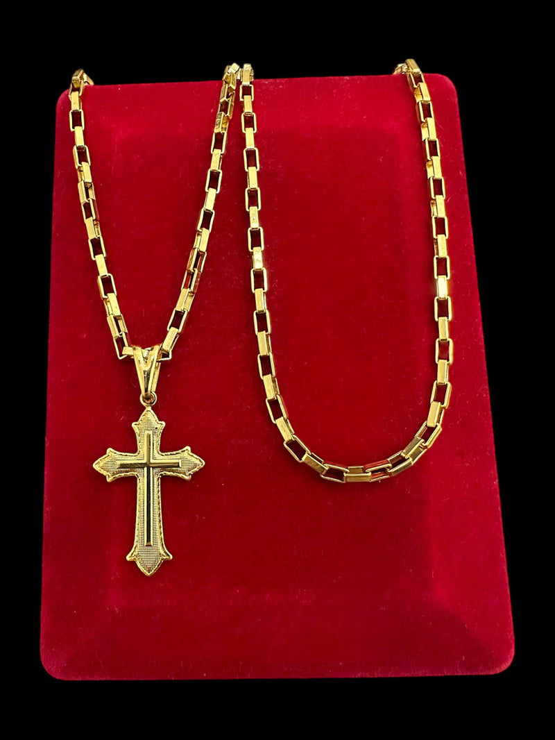 CORDÃO TIJOLINHO 3MM + PINGENTE CRUZ BANHADO A OURO 18K