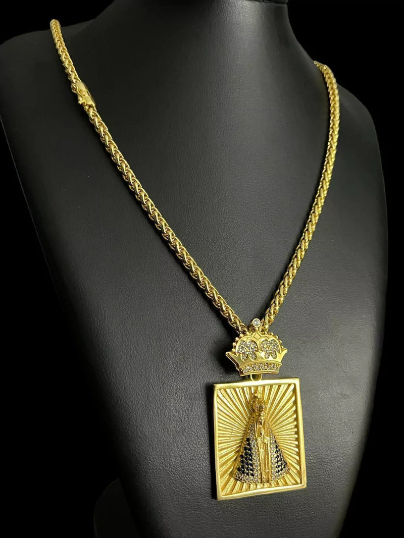CORDÃO 8MM PERUANO + SANTA CRAVEJADO BANHADO A OURO 18K