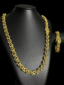 CORDÃO FRISO S VAZADO 12MM + PULSEIRA FECHO NOSSA SENHORA BANHADO A OURO 18K
