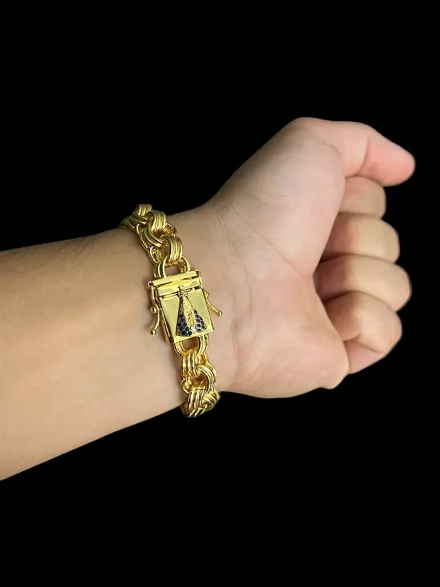 PULSEIRA FRISO TRIPLO 12MM FECHO NOSSA SENHORA- BANHADO A OURO 18K