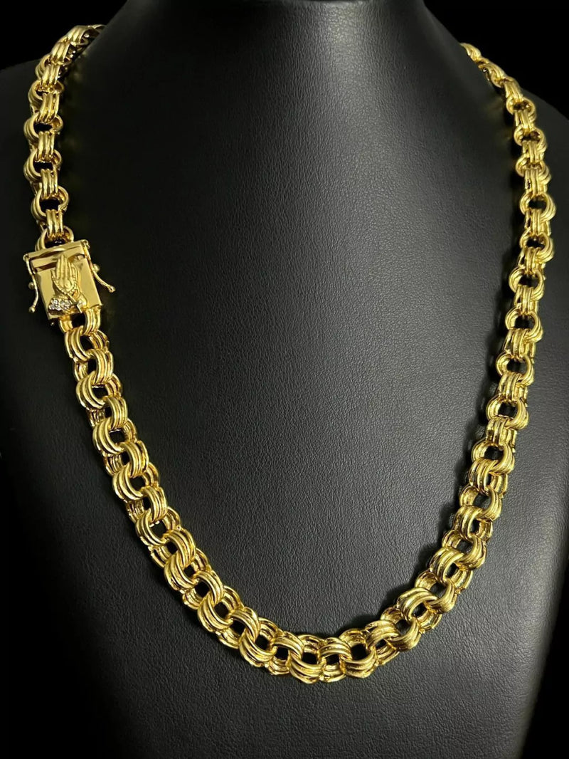 CORDÃO FRISO 12MM FECHO MÃO ORANDO BANHADO A OURO 18K
