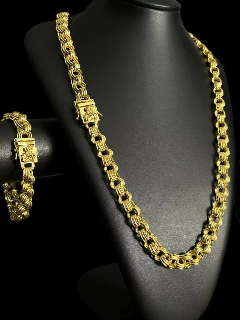 CORDÃO + PULSEIRA FRISO 12MM FECHO SÃO JORGE BANHADO A OURO 18K