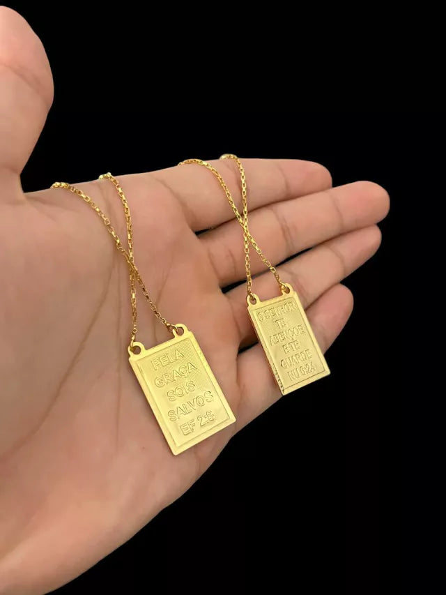 ESCAPULÁRIO TIJOLINHO 1MM NOSSA DO CARMO JESUS - BANHADO A OURO 18K