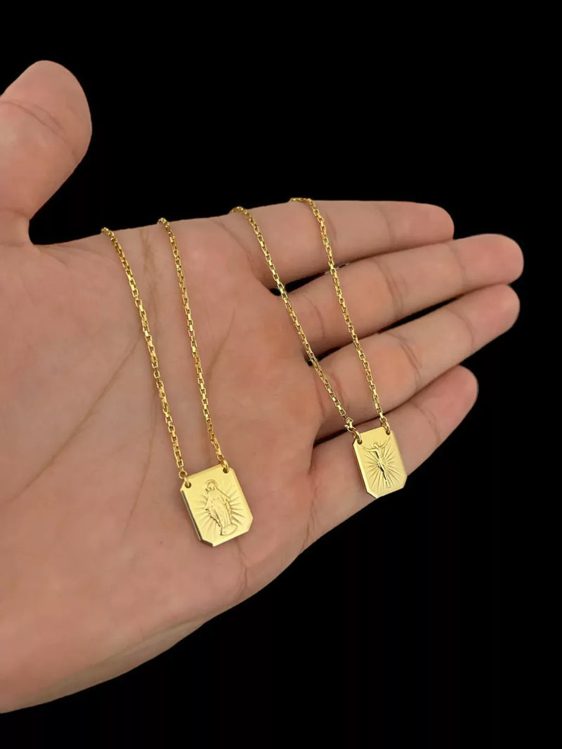 ESCAPULÁRIO TIJOLINHO 1MM NOSSA SRA DAS GRAÇAS/ JESUS - BANHADO A OURO 18K