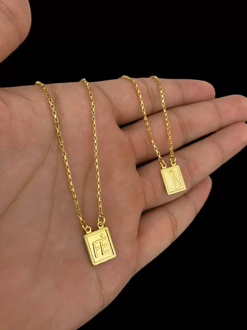 ESCAPULÁRIO TIJOLINHO 1MM NOSSA SENHORA + FÉ - BANHADO A OURO 18K
