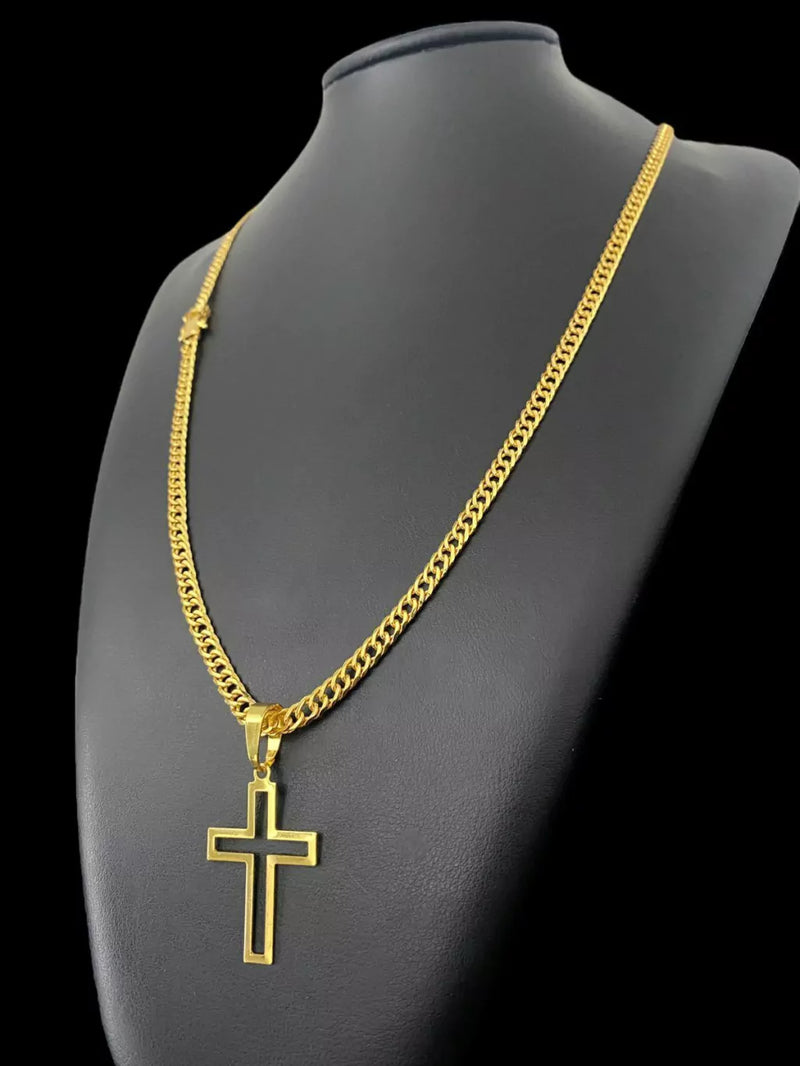 CORDÃO GRUMET 5MM + PINGENTE CRUZ VAZADO - BANHADO A OURO 18K