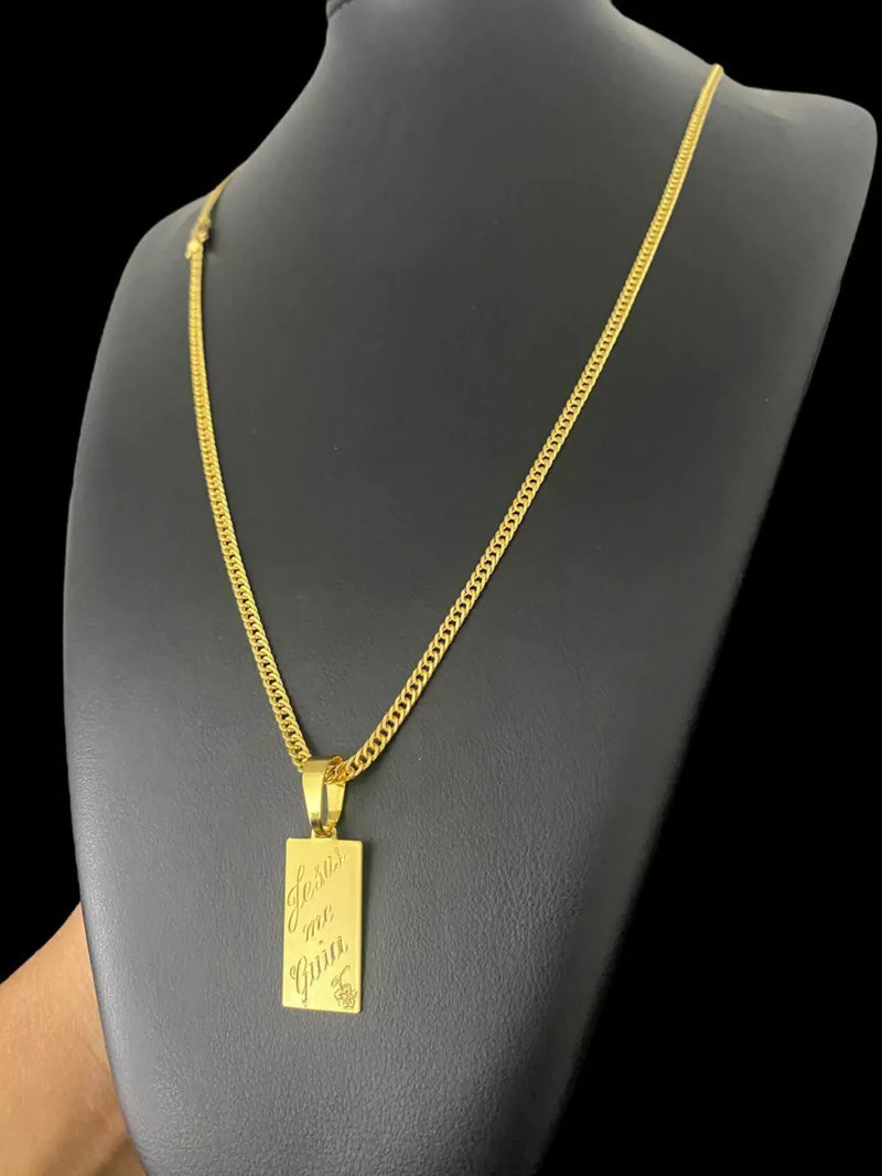 CORDÃO GRUMET 3MM + PINGENTE JESUS ME GUIA - BANHADO A OURO 18K