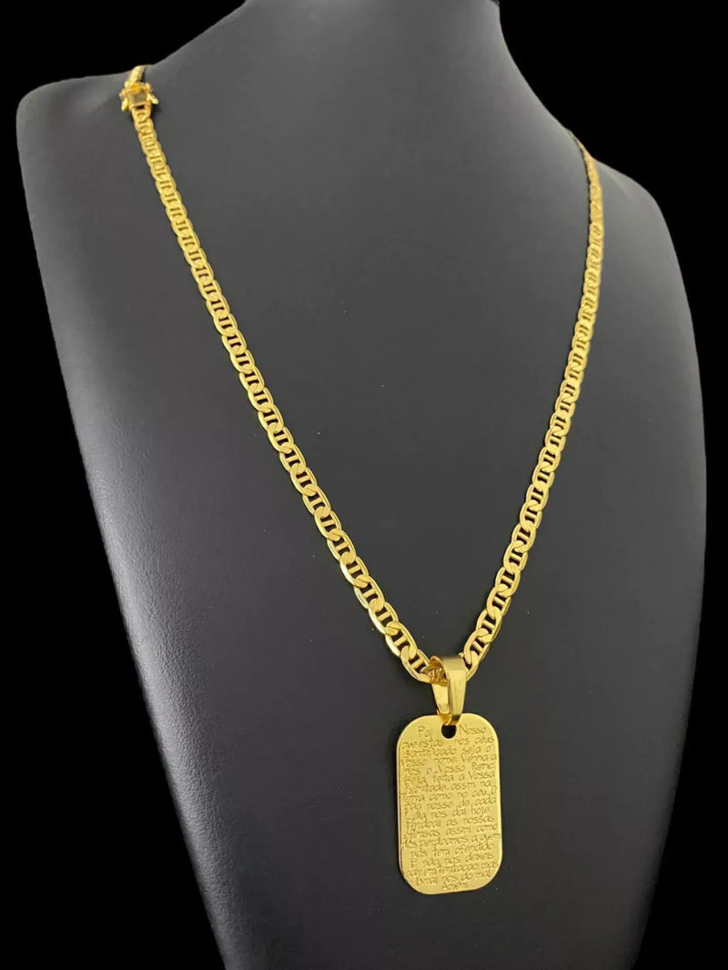 CORDÃO PIASTRINE 5MM + PINGENTE PAI NOSSO - BANHADO A OURO 18K