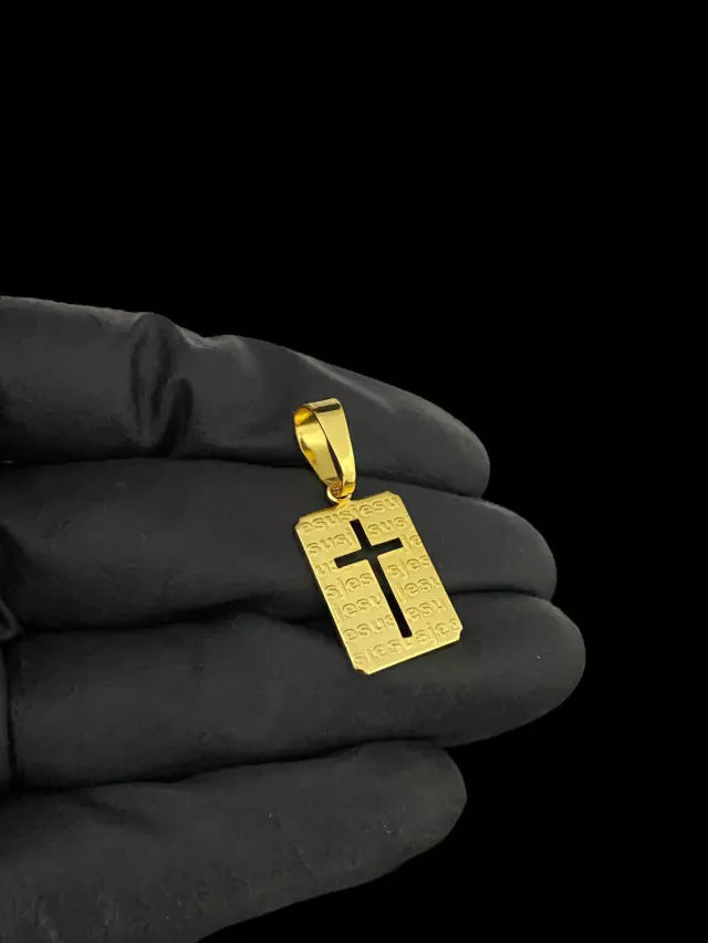 PINGENTE CRUZ PLACA VAZADA JESUS (P) - BANHADO A OURO 18K