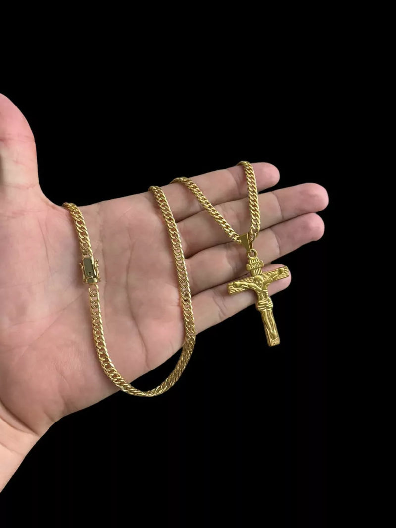 CORDÃO GRUMET 5MM + PINGENTE CRUZ INRE BANHADO A OURO 18K
