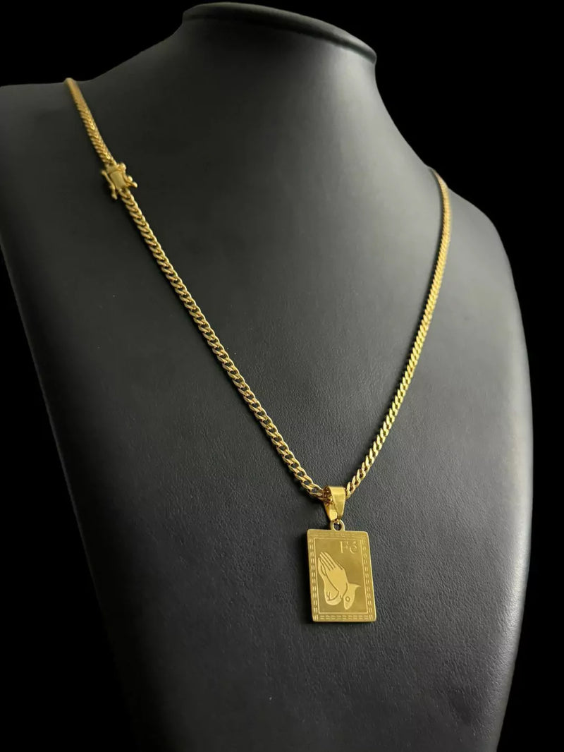CORDÃO PITBULL 3MM + PINGENTE FÉ MÃO ORANDO BANHADO A OURO 18K