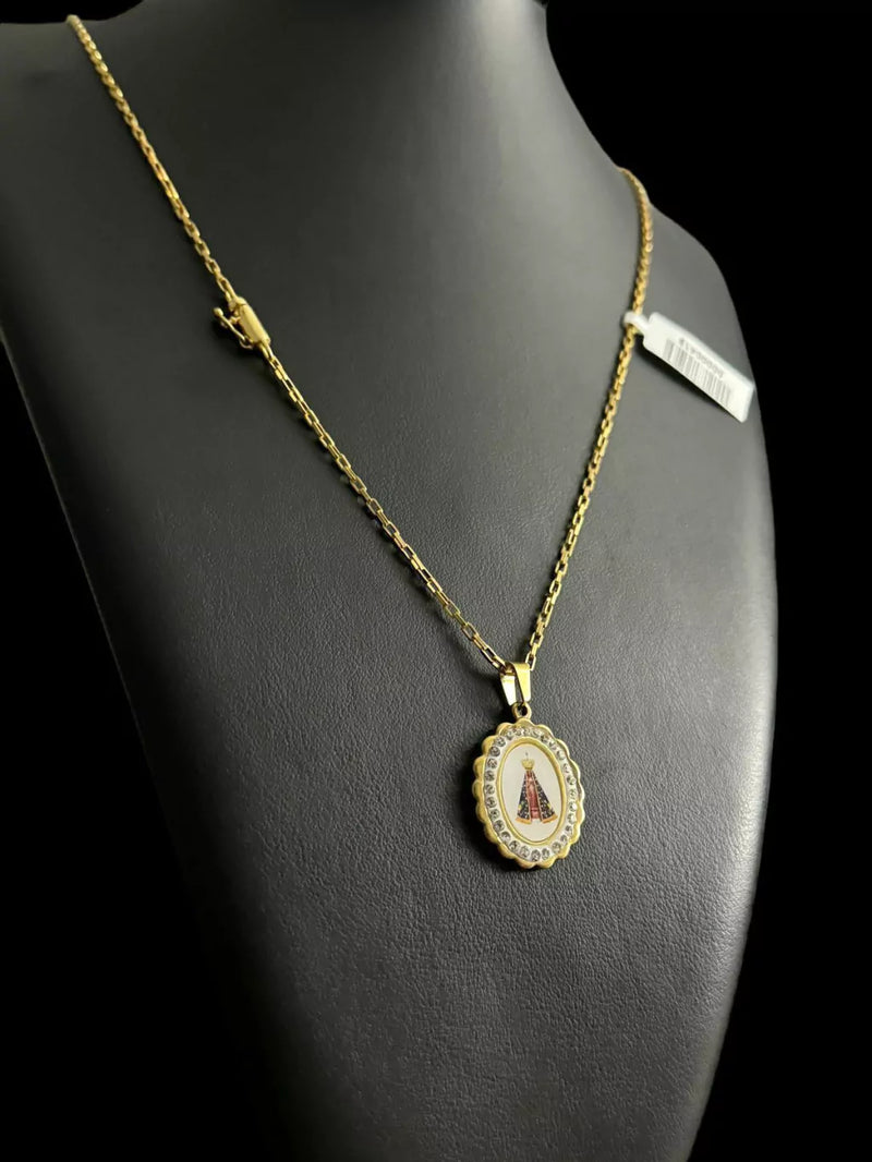 CORDÃO TIJOLINHO 1MM + PINGENTE NOSSA SENHORA - BANHADO A OURO 18K