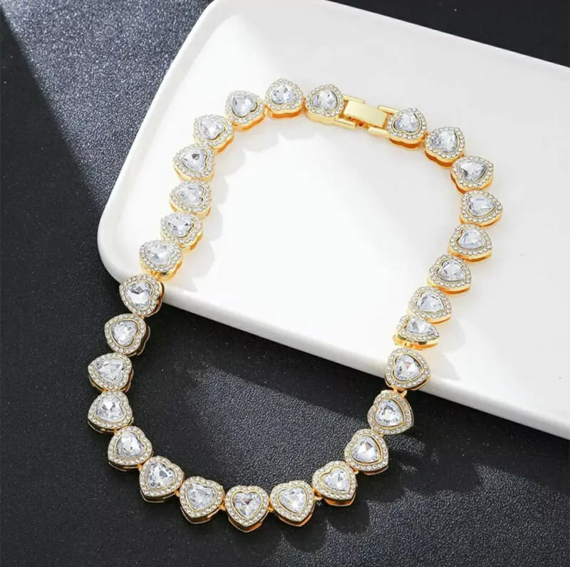 CORDÃO CRAVEJADO CORAÇÕES CRAVEJADOS FEMININO - BANHADO A OURO 18K
