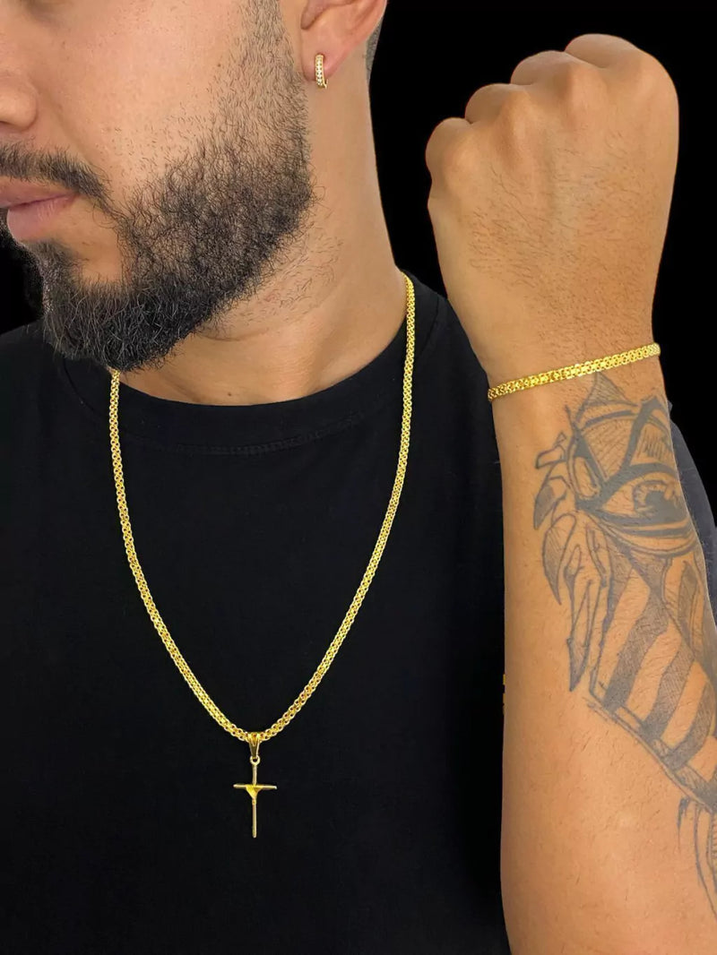 CORDÃO + PULSEIRA 3MM CADEADO DUPLO + PINGENTE - BANHADO A OURO 18K
