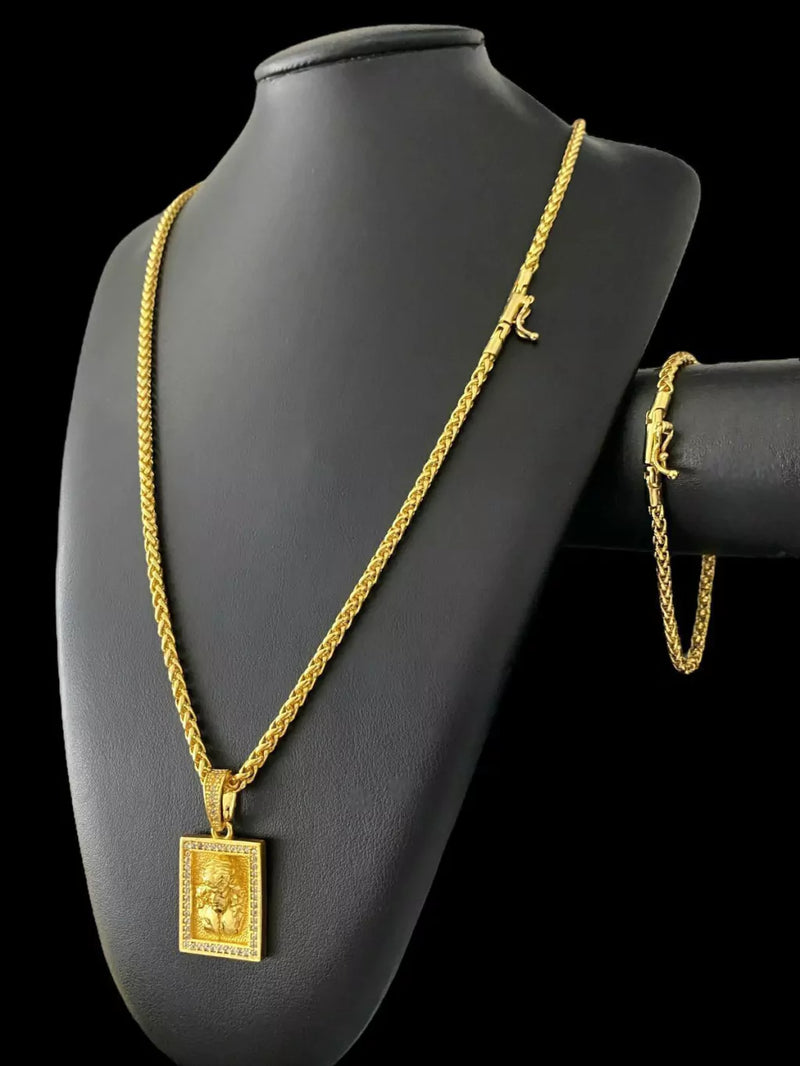 CORDÃO + PULSEIRA PERUANO 3MM + PINGENTE JESUS CRISTO (P) - BANHADO A OURO 18K