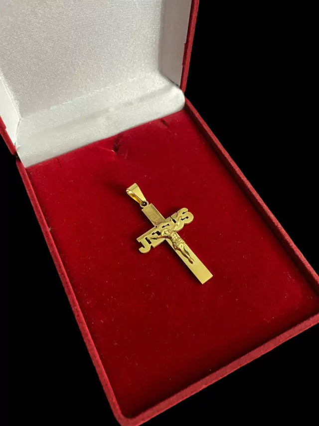 PINGENTE CRUZ JESUS ESCRITA (M) - BANHADO A OURO 18K