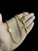 CORDÃO CADEADO 5MM + PINGENTE CRUZ BANHADO A OURO 18K