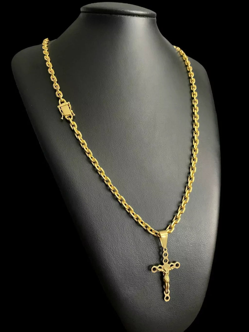 CORDÃO CADEADO 5MM + PINGENTE CRUZ BANHADO A OURO 18K